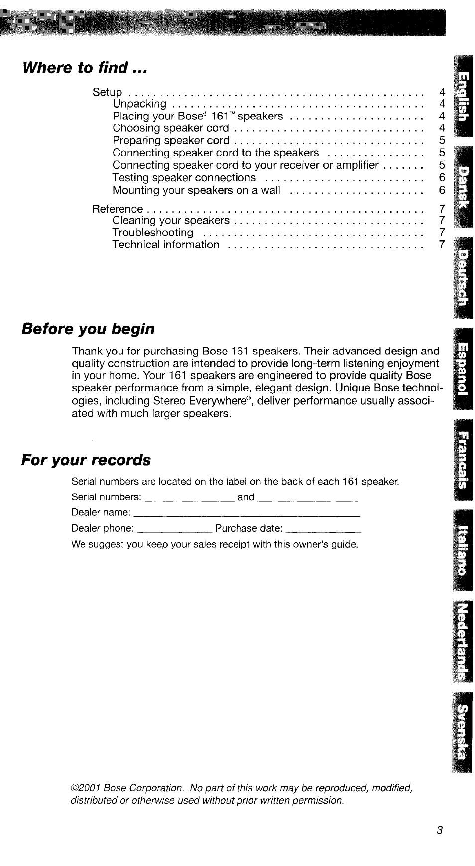 Kt- ■«¡a, Where to find, Before you begin | For your records | Bose 161TM User Manual | Page 3 / 19