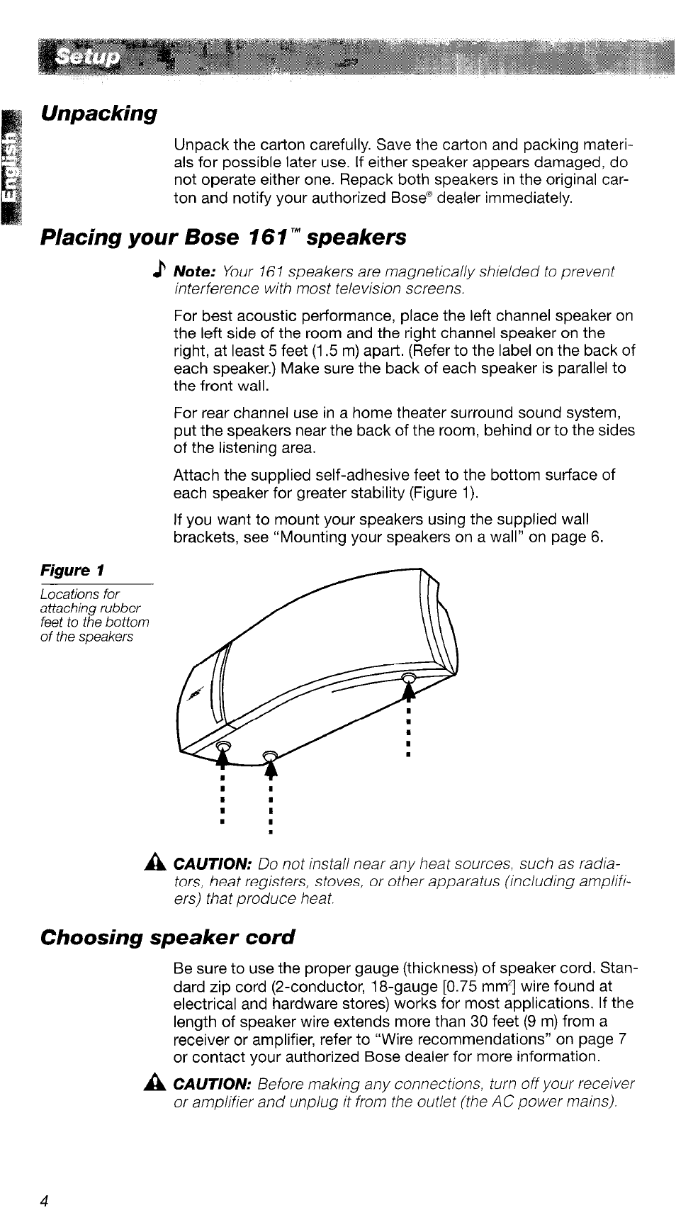 Unpacking, Placing your bose 161 ^ speakers, Choosing speaker cord | Bose 161TM User Manual | Page 4 / 19