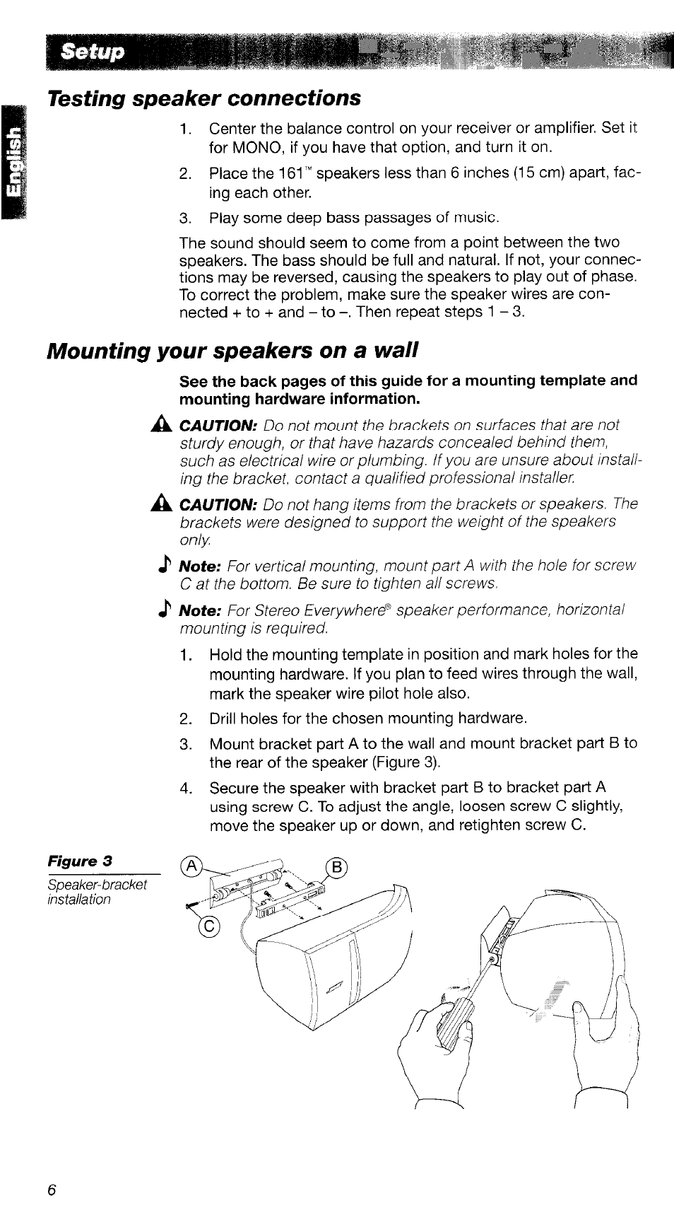 Testing speaker connections, Mounting your speakers on a waii | Bose 161TM User Manual | Page 6 / 19