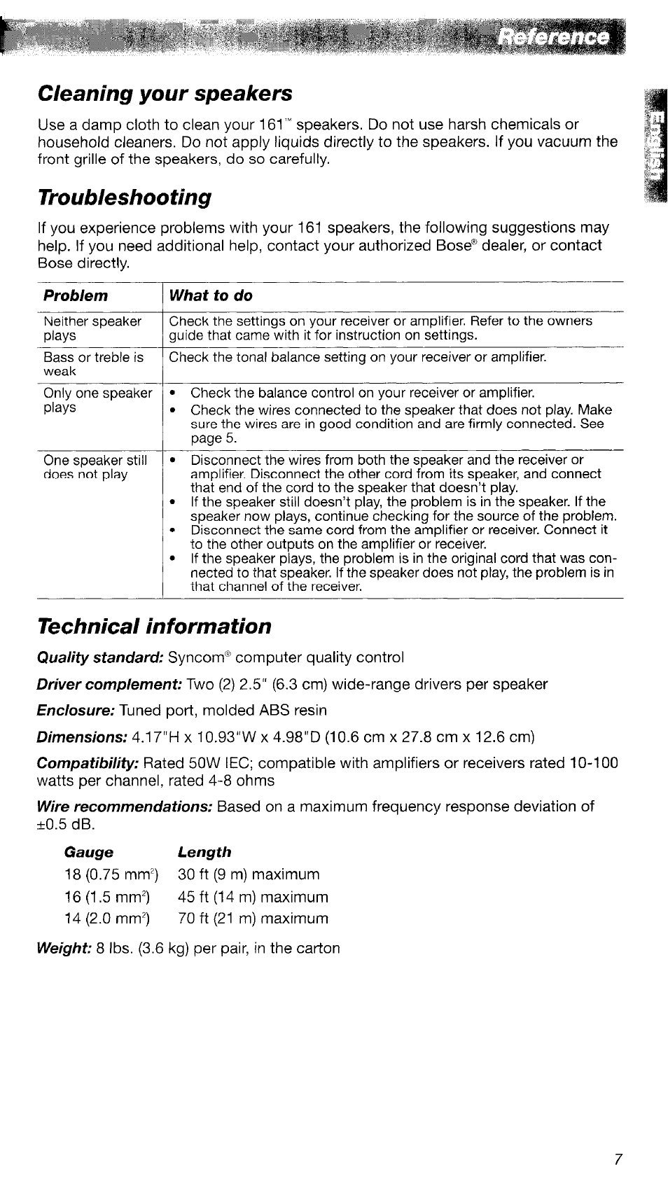 Cleaning your speakers, Troubleshooting, Technical information | Bose 161TM User Manual | Page 7 / 19