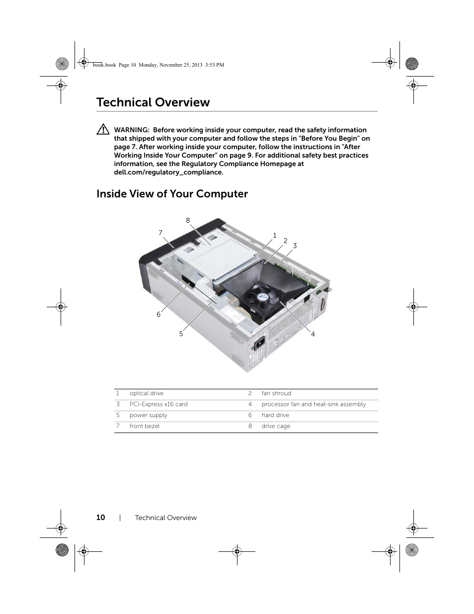 Technical overview, Inside view of your computer | Dell Inspiron Small Desktop (3647, Late 2013) User Manual | Page 10 / 52