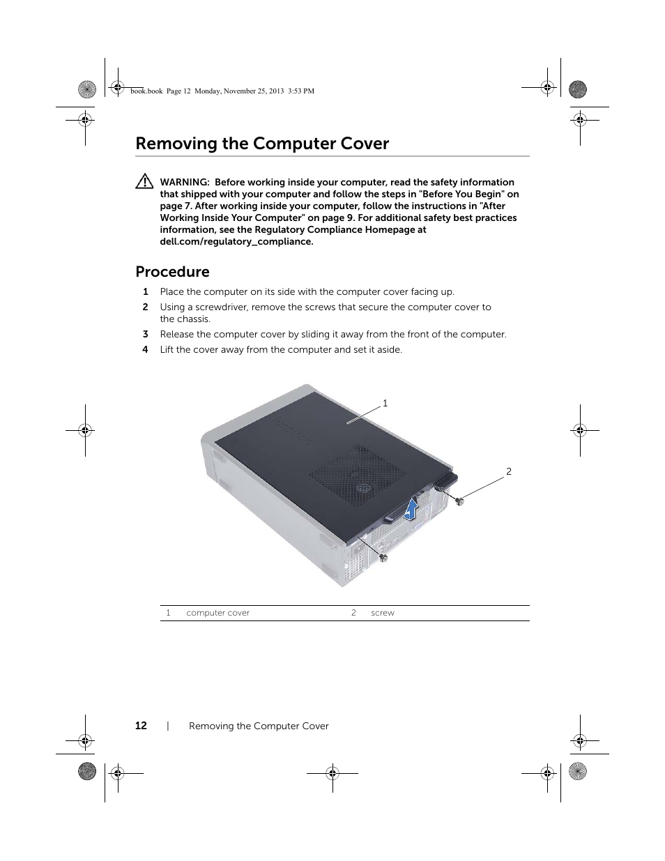 Removing the computer cover, Procedure | Dell Inspiron Small Desktop (3647, Late 2013) User Manual | Page 12 / 52