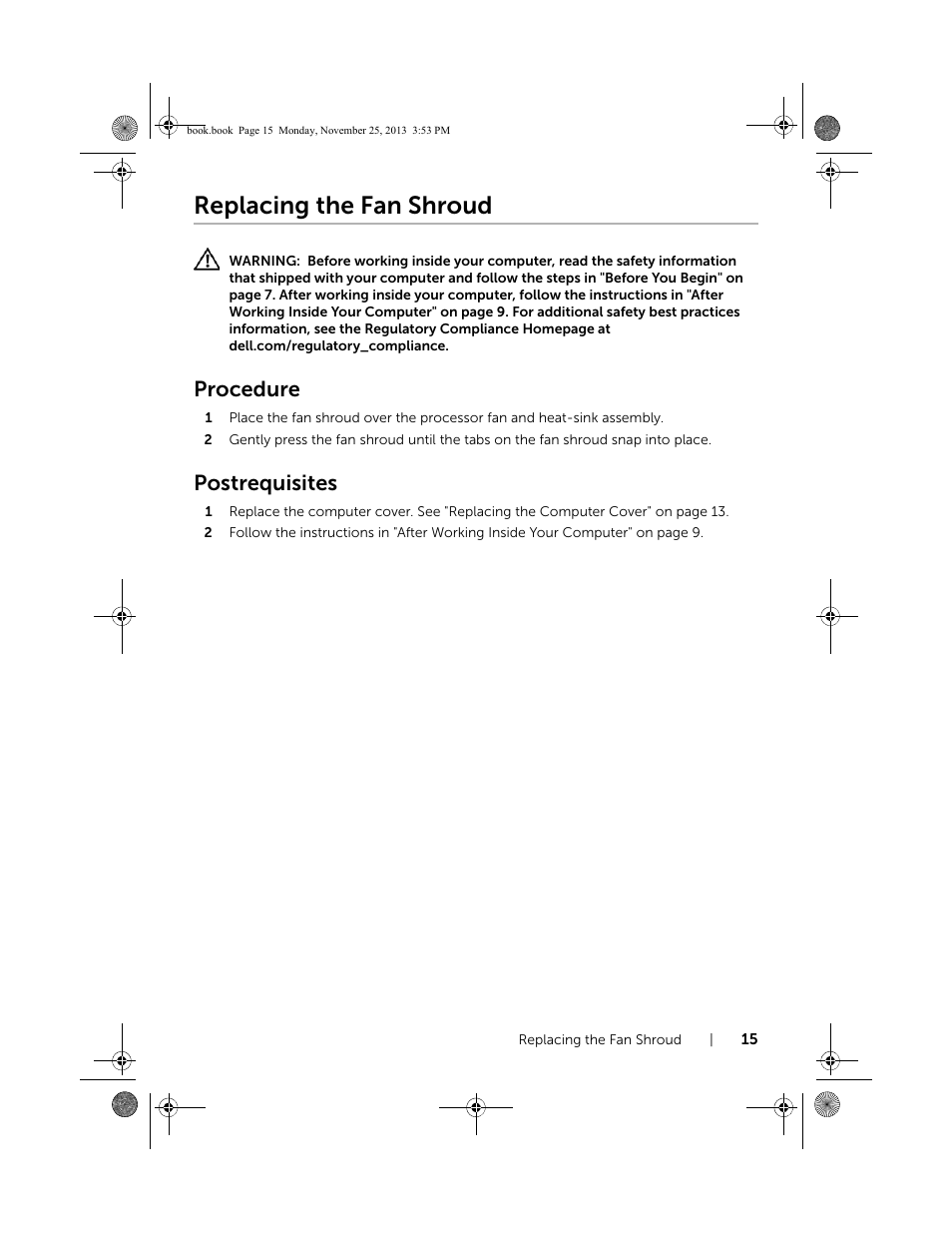 Replacing the fan shroud, Procedure, Postrequisites | Dell Inspiron Small Desktop (3647, Late 2013) User Manual | Page 15 / 52
