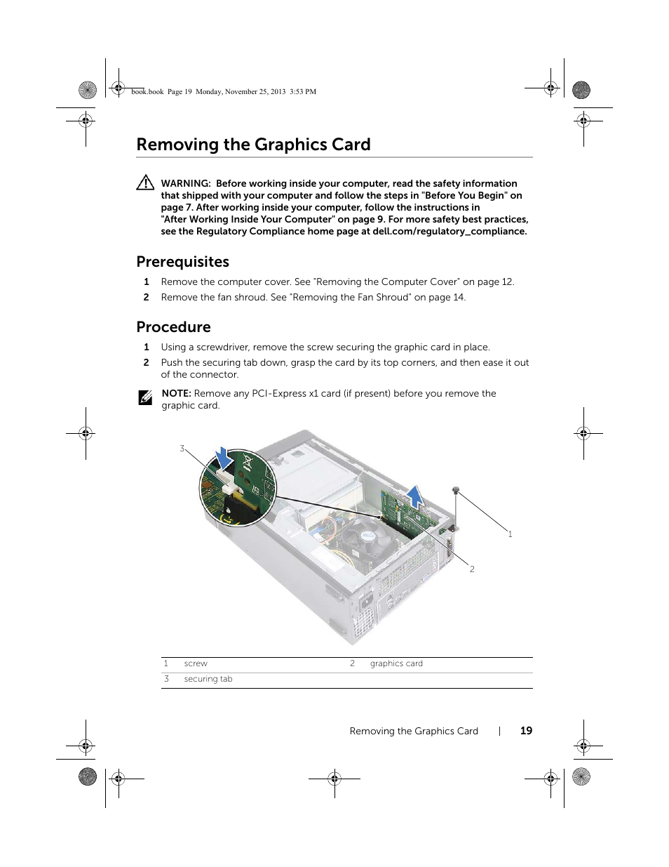Removing the graphics card, Prerequisites, Procedure | Dell Inspiron Small Desktop (3647, Late 2013) User Manual | Page 19 / 52