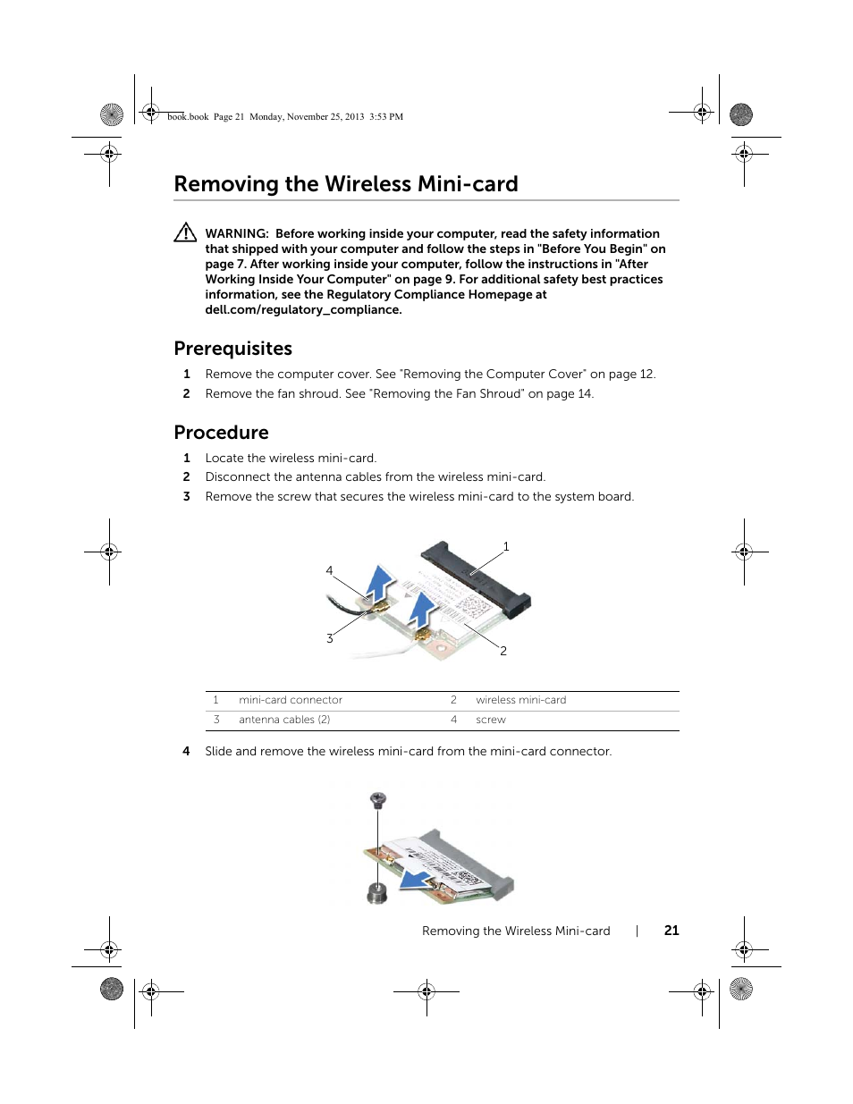 Removing the wireless mini-card, Prerequisites, Procedure | Dell Inspiron Small Desktop (3647, Late 2013) User Manual | Page 21 / 52