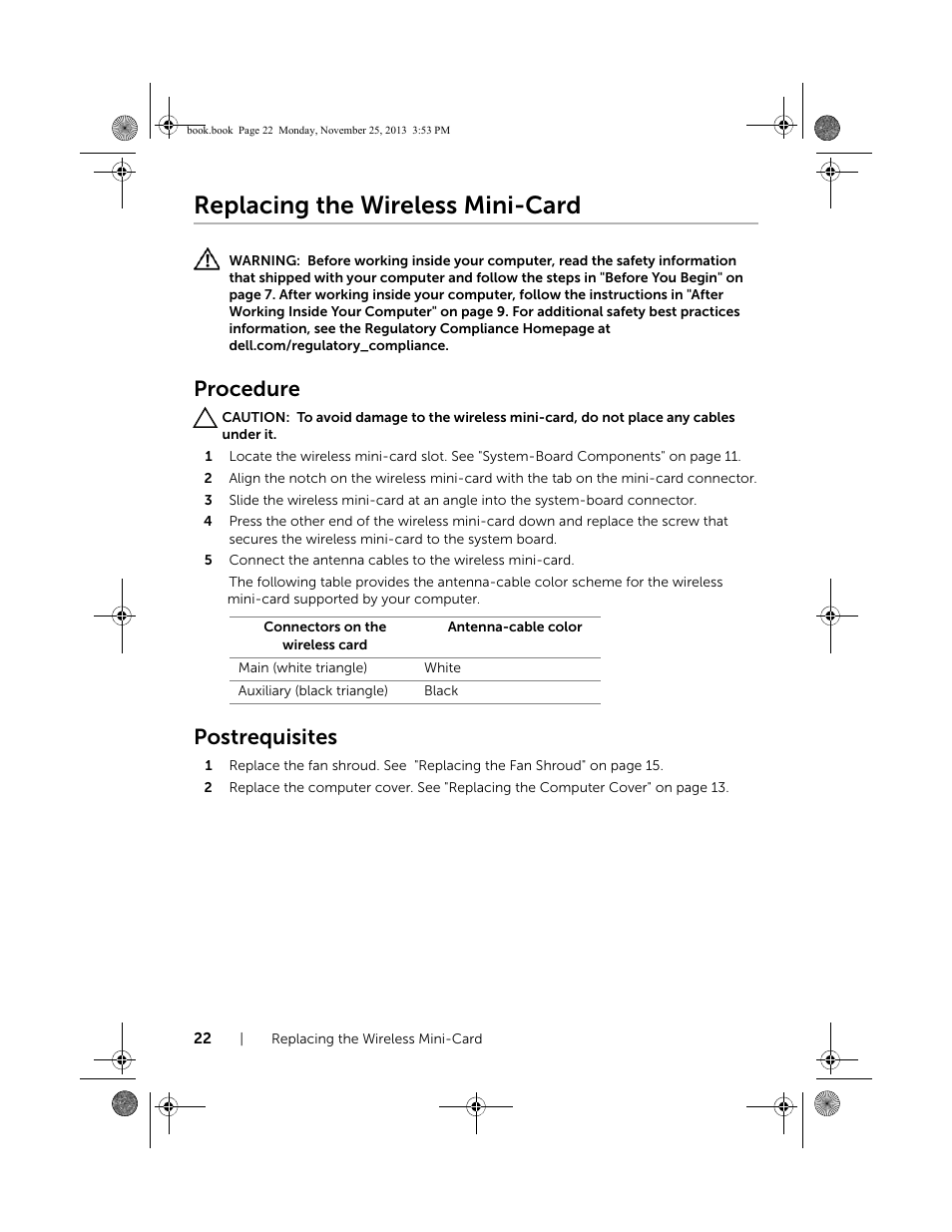 Replacing the wireless mini-card, Procedure, Postrequisites | Dell Inspiron Small Desktop (3647, Late 2013) User Manual | Page 22 / 52