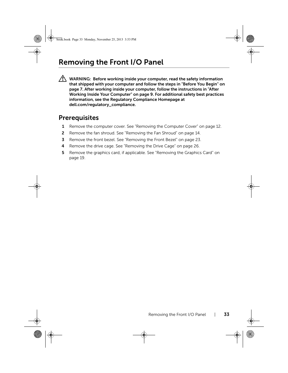Removing the front i/o panel, Prerequisites | Dell Inspiron Small Desktop (3647, Late 2013) User Manual | Page 33 / 52