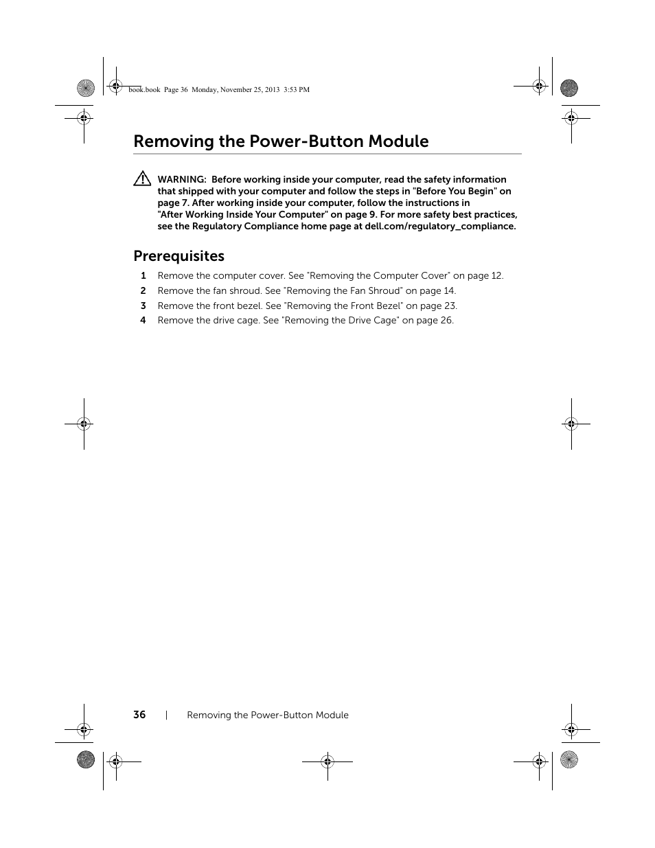 Removing the power-button module, Prerequisites | Dell Inspiron Small Desktop (3647, Late 2013) User Manual | Page 36 / 52
