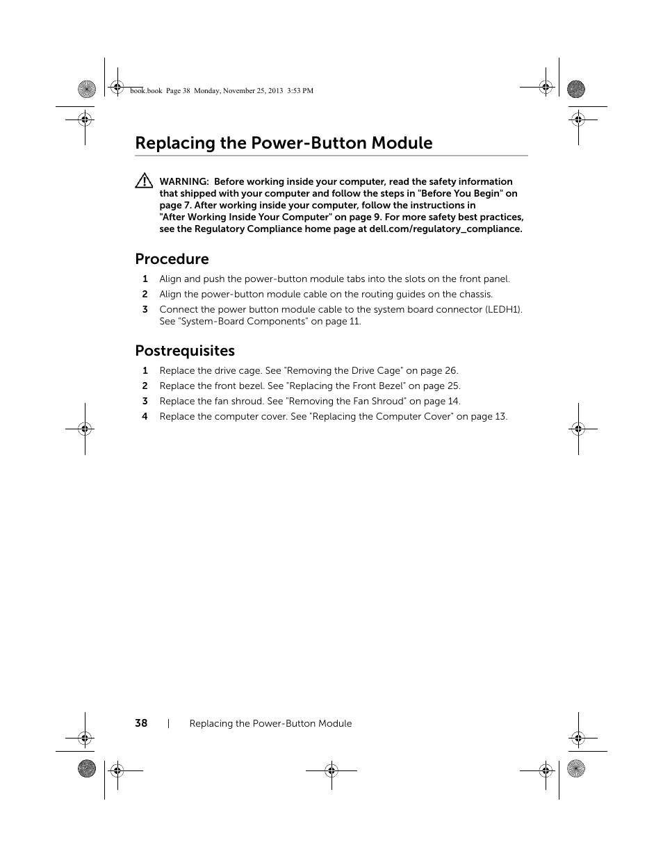 Replacing the power-button module, Procedure, Postrequisites | Dell Inspiron Small Desktop (3647, Late 2013) User Manual | Page 38 / 52