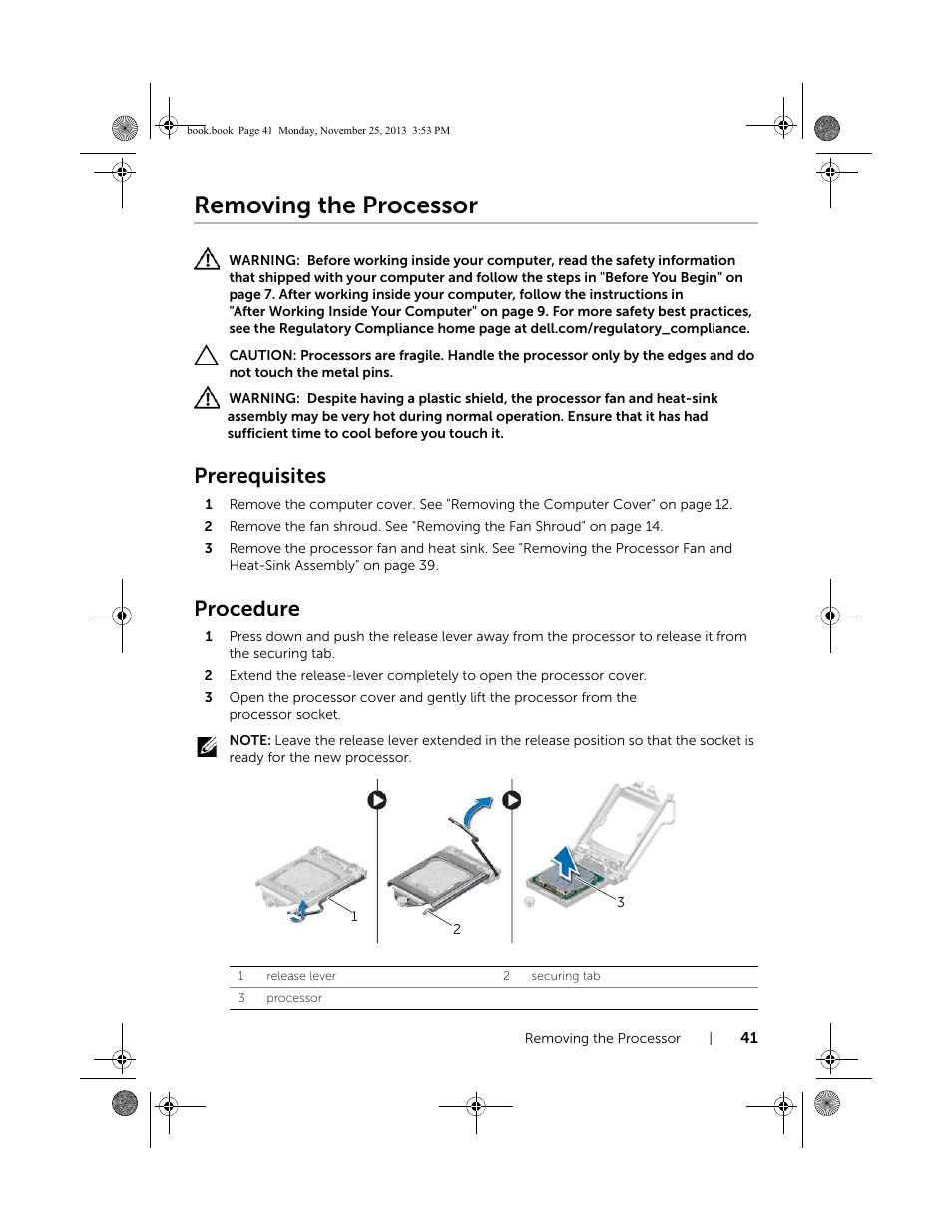 Removing the processor, Prerequisites, Procedure | Dell Inspiron Small Desktop (3647, Late 2013) User Manual | Page 41 / 52