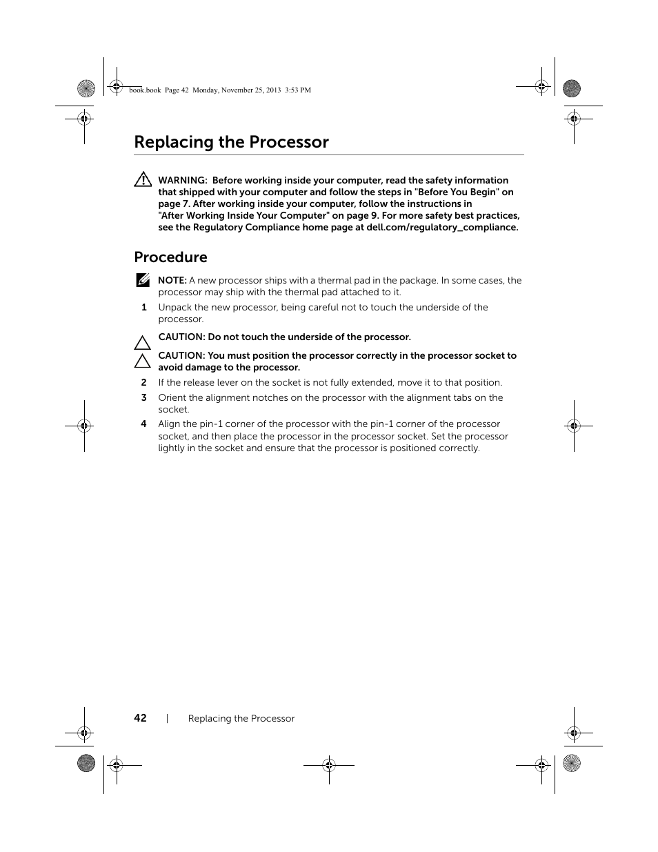 Replacing the processor, Procedure | Dell Inspiron Small Desktop (3647, Late 2013) User Manual | Page 42 / 52