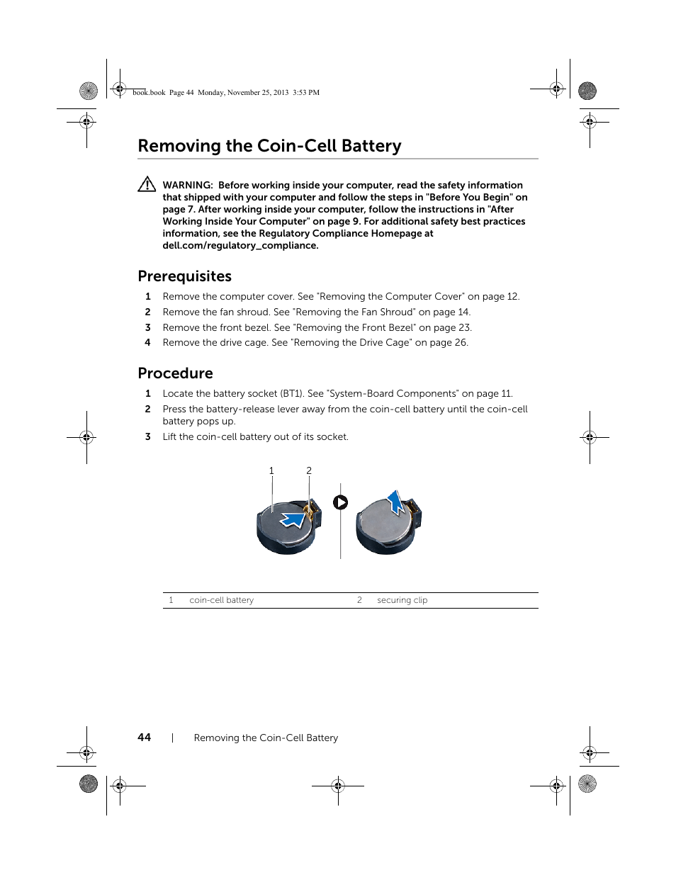 Removing the coin-cell battery, Prerequisites, Procedure | Dell Inspiron Small Desktop (3647, Late 2013) User Manual | Page 44 / 52