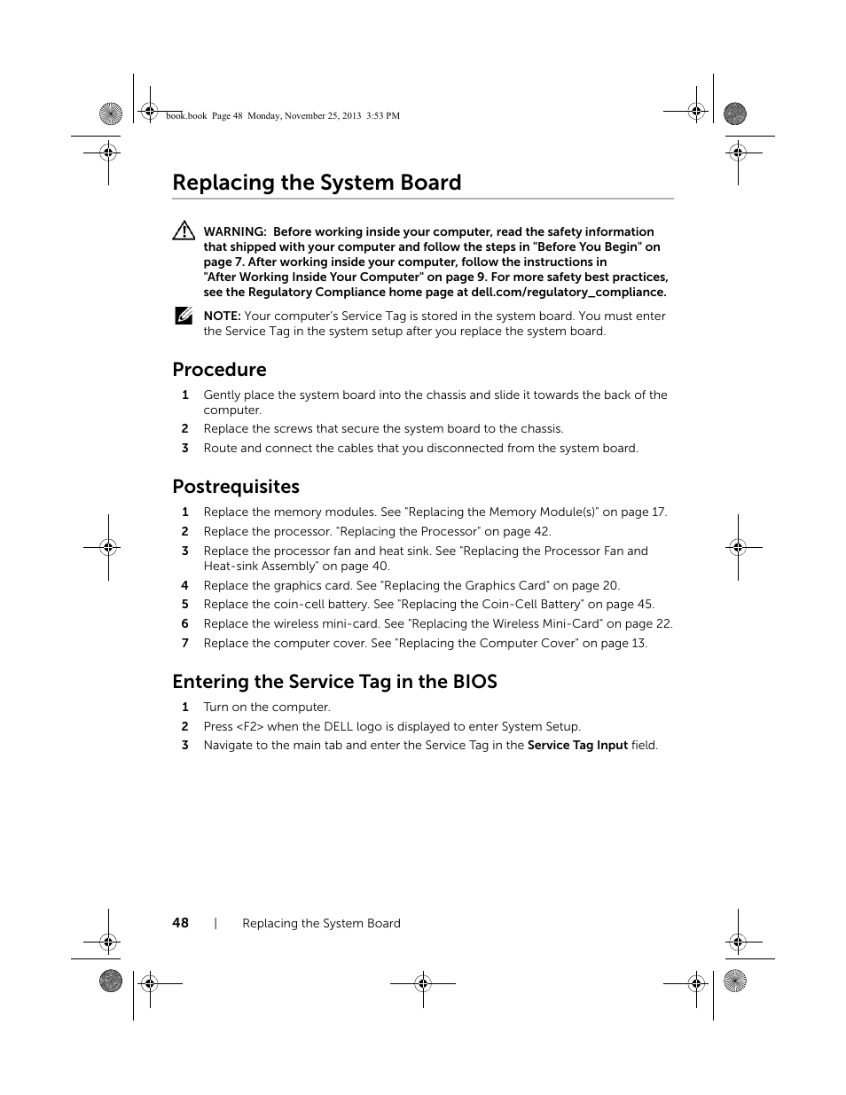 Replacing the system board, Procedure, Postrequisites | Entering the service tag in the bios | Dell Inspiron Small Desktop (3647, Late 2013) User Manual | Page 48 / 52