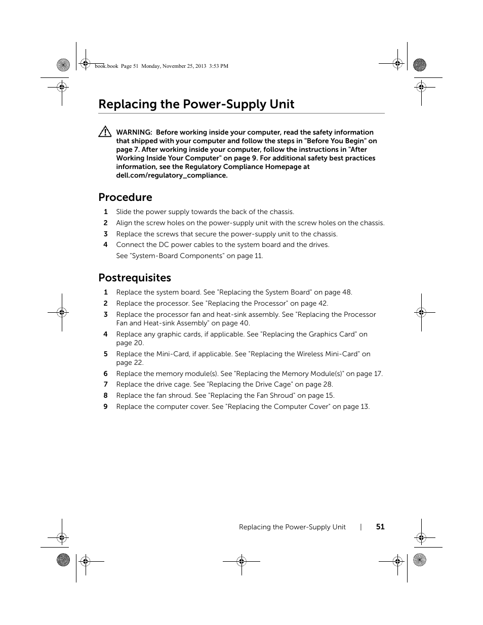 Replacing the power-supply unit, Procedure, Postrequisites | Dell Inspiron Small Desktop (3647, Late 2013) User Manual | Page 51 / 52