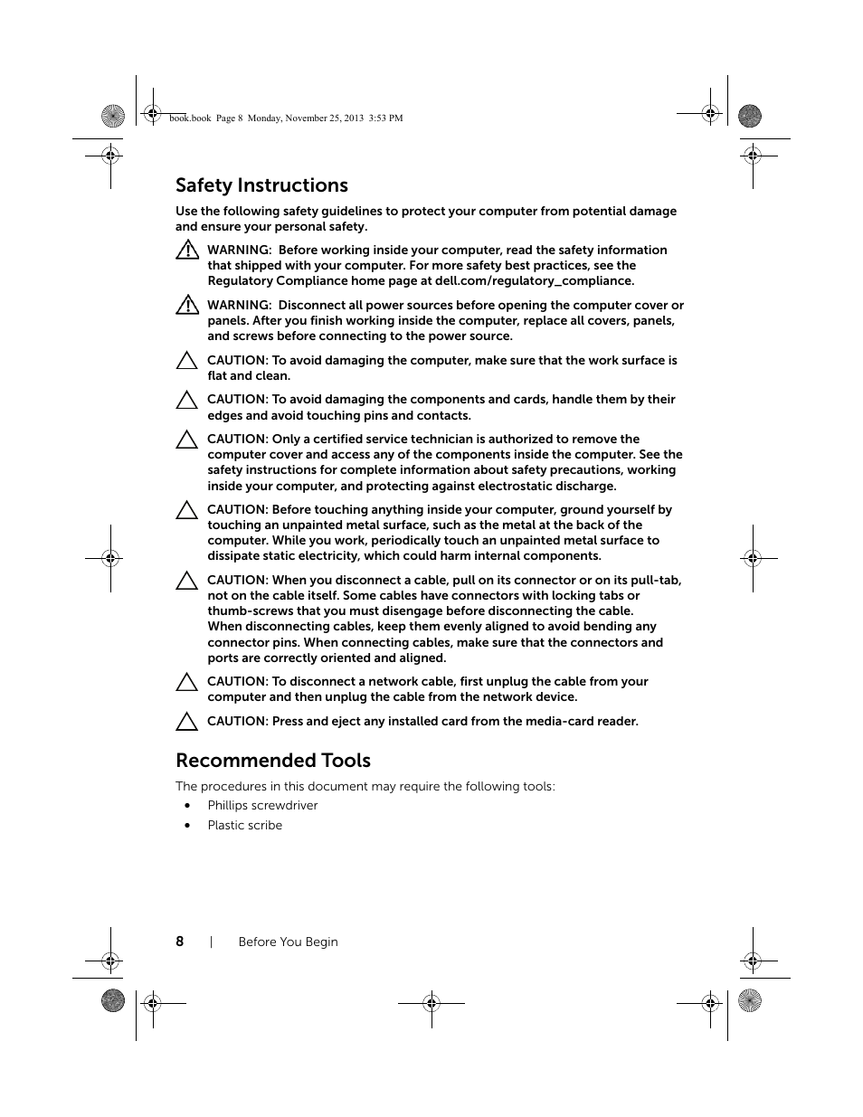 Safety instructions, Recommended tools | Dell Inspiron Small Desktop (3647, Late 2013) User Manual | Page 8 / 52