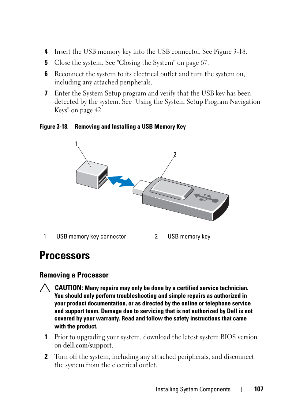 Processors, Removing a processor, See "processors" on | Dell PowerVault NX3100 User Manual | Page 107 / 164