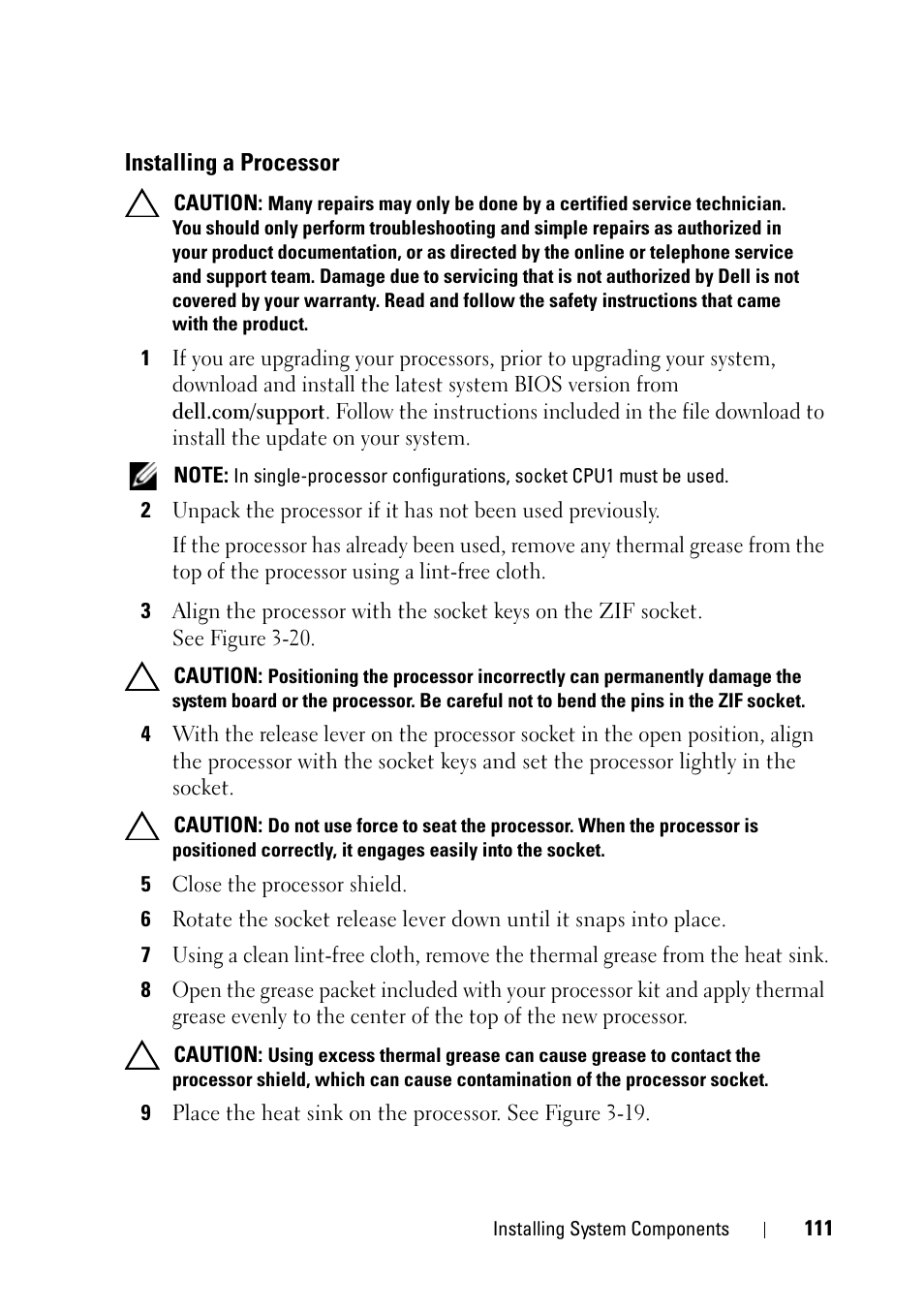 Installing a processor | Dell PowerVault NX3100 User Manual | Page 111 / 164