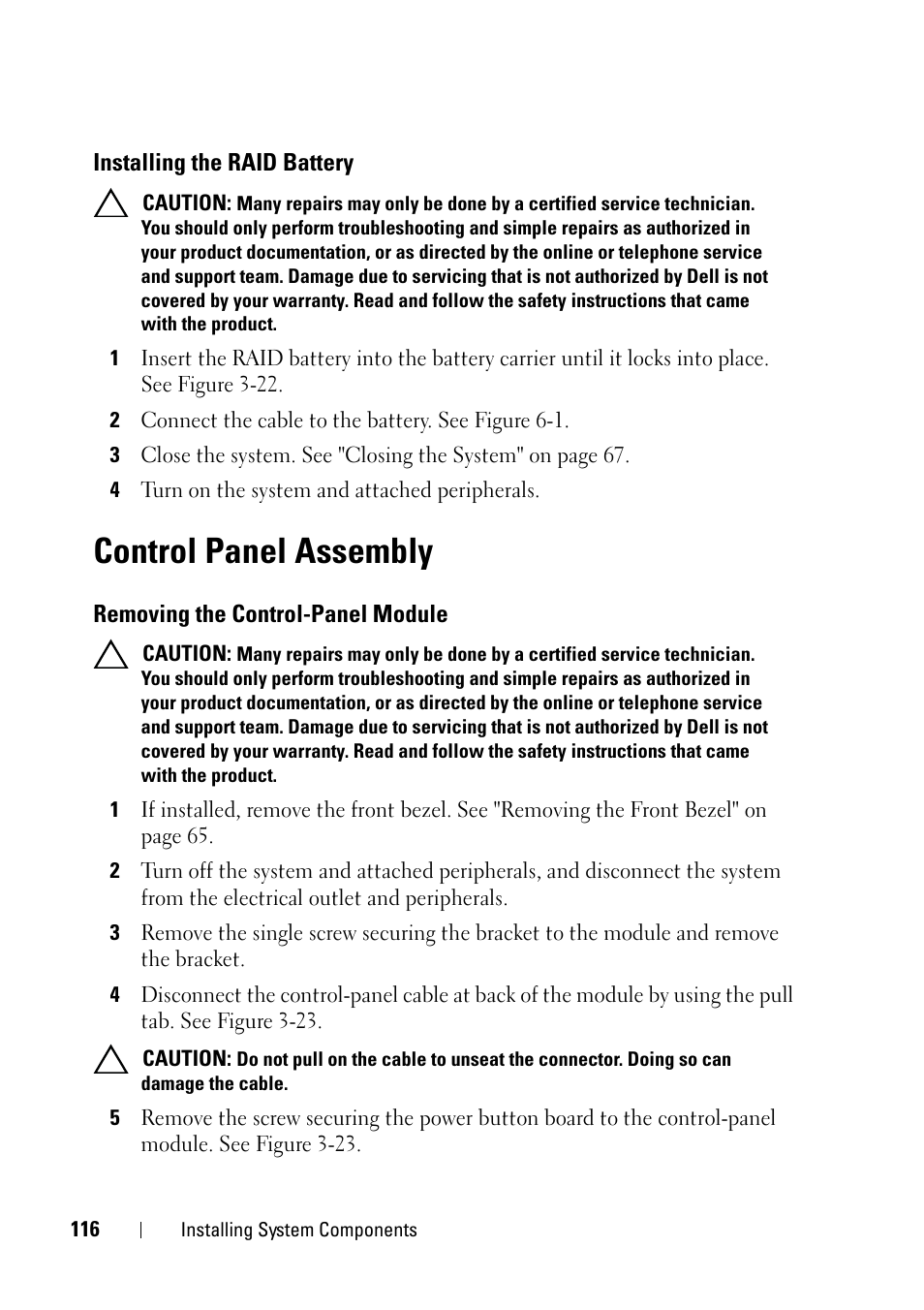 Installing the raid battery, Control panel assembly, Removing the control-panel module | Dell PowerVault NX3100 User Manual | Page 116 / 164