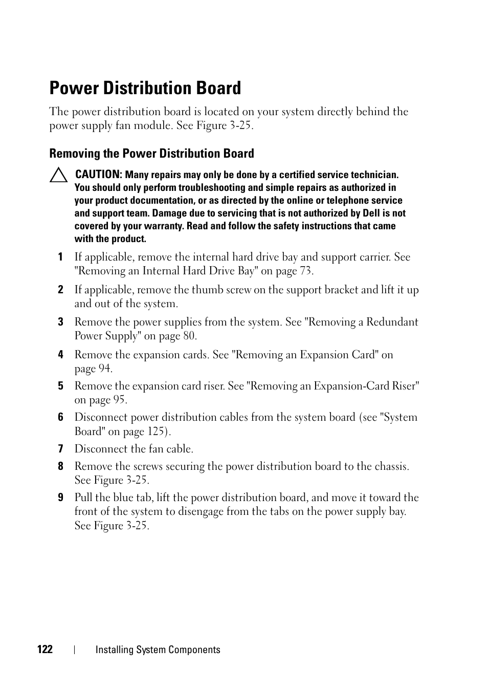Power distribution board, Removing the power distribution board | Dell PowerVault NX3100 User Manual | Page 122 / 164