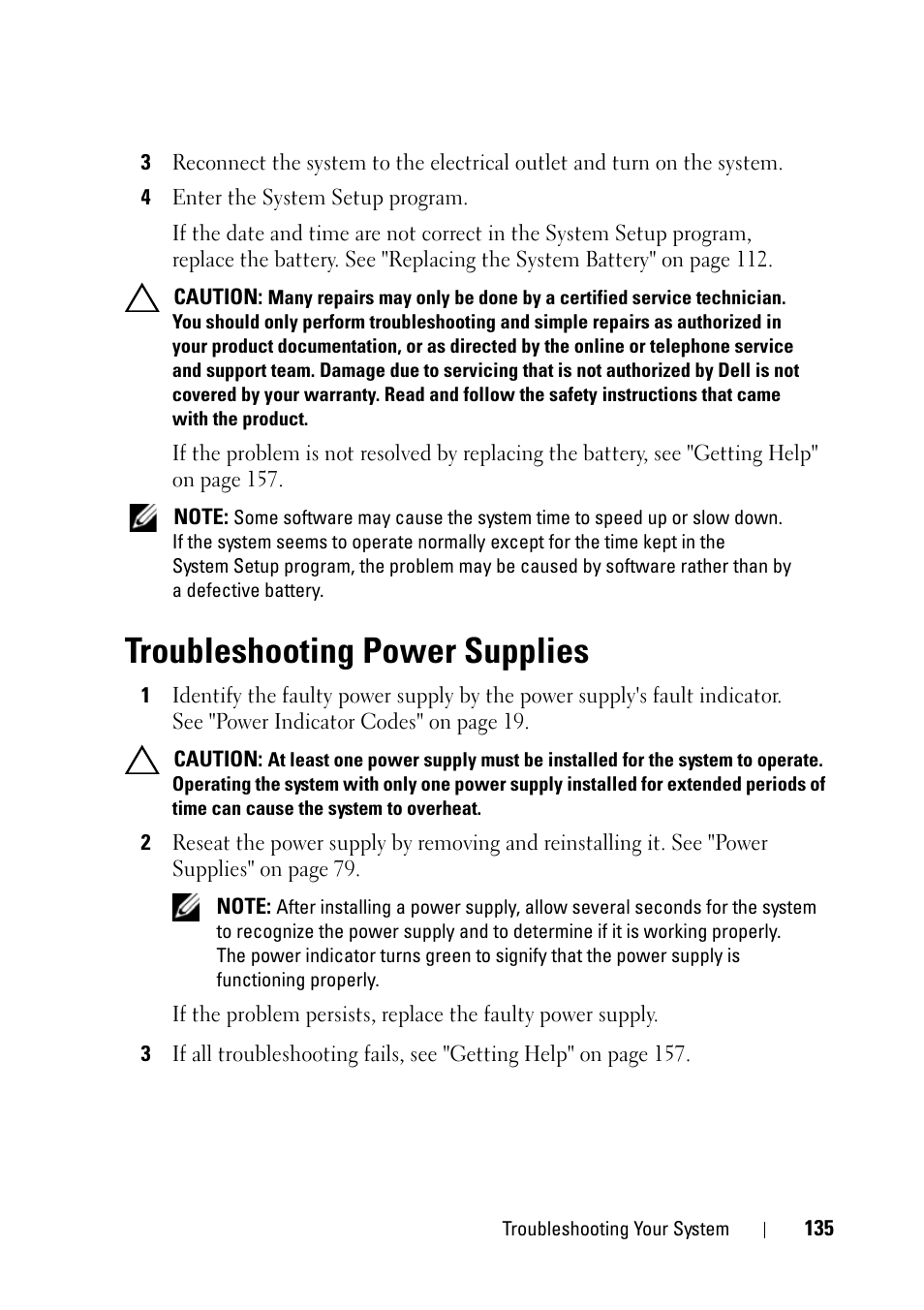 Troubleshooting power supplies, E "troubleshooting power | Dell PowerVault NX3100 User Manual | Page 135 / 164