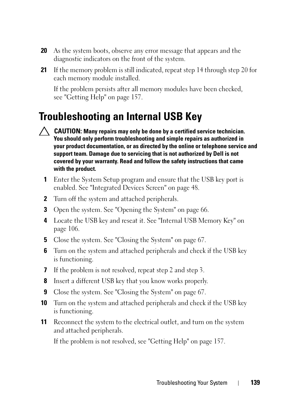 Troubleshooting an internal usb key, Troubleshooting an internal | Dell PowerVault NX3100 User Manual | Page 139 / 164