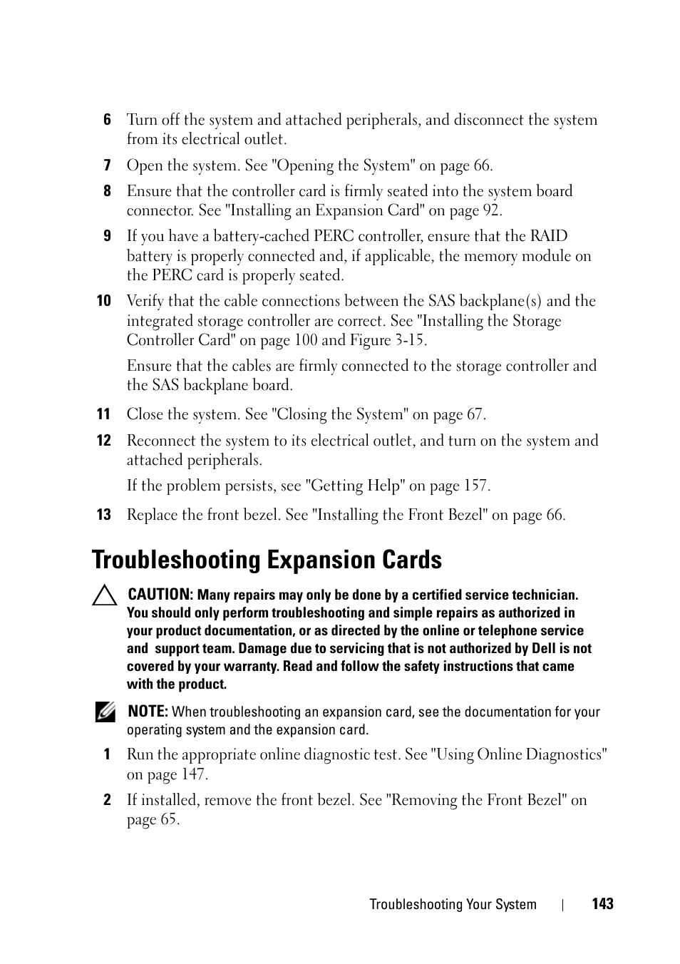 Troubleshooting expansion cards, E "troubleshooting expansion, Troubleshooting | Expansion cards" on | Dell PowerVault NX3100 User Manual | Page 143 / 164