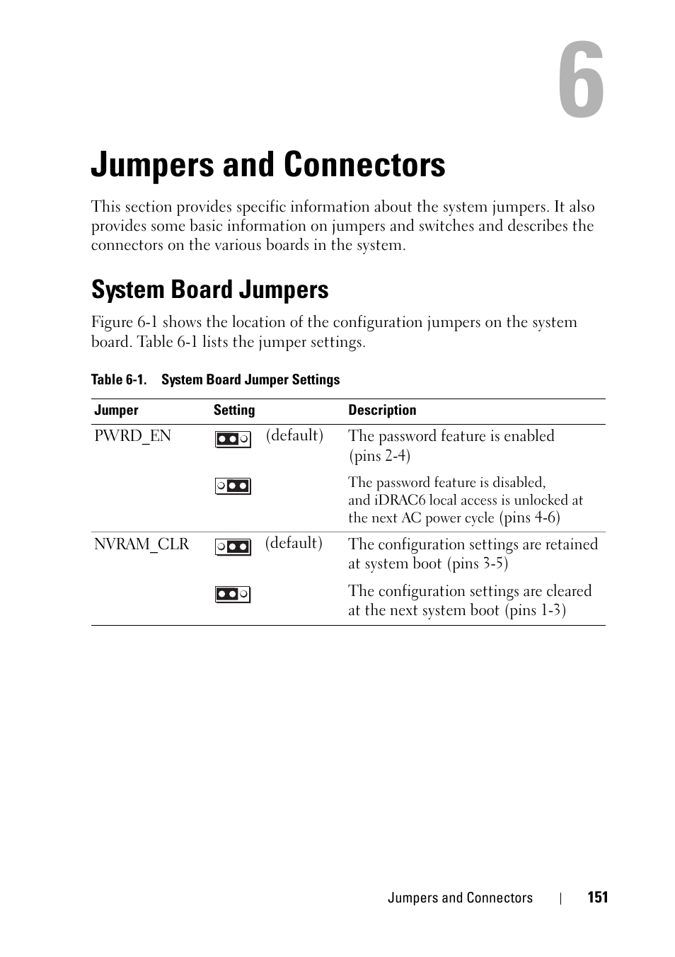 Jumpers and connectors, System board jumpers | Dell PowerVault NX3100 User Manual | Page 151 / 164