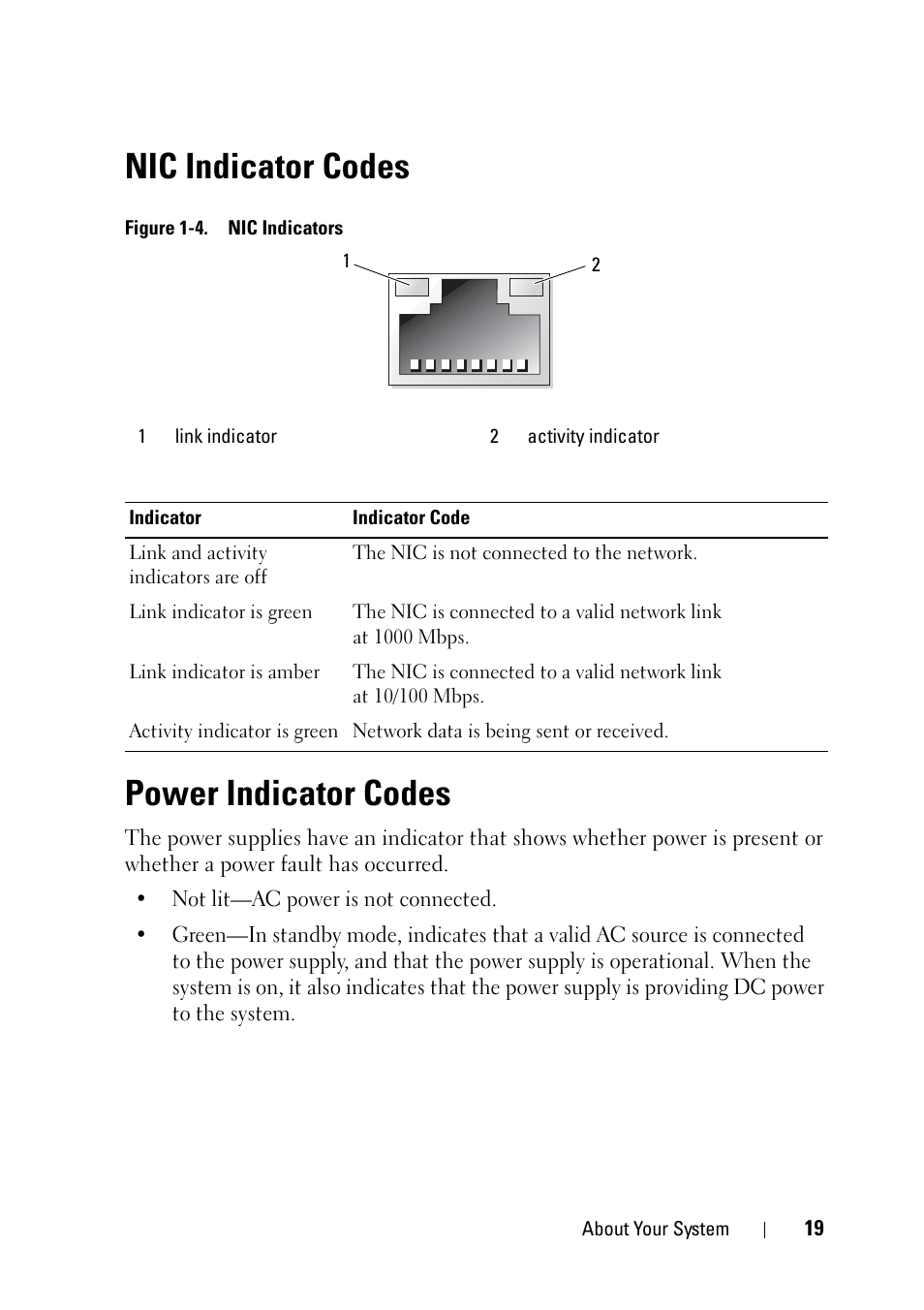 Nic indicator codes, Power indicator codes | Dell PowerVault NX3100 User Manual | Page 19 / 164
