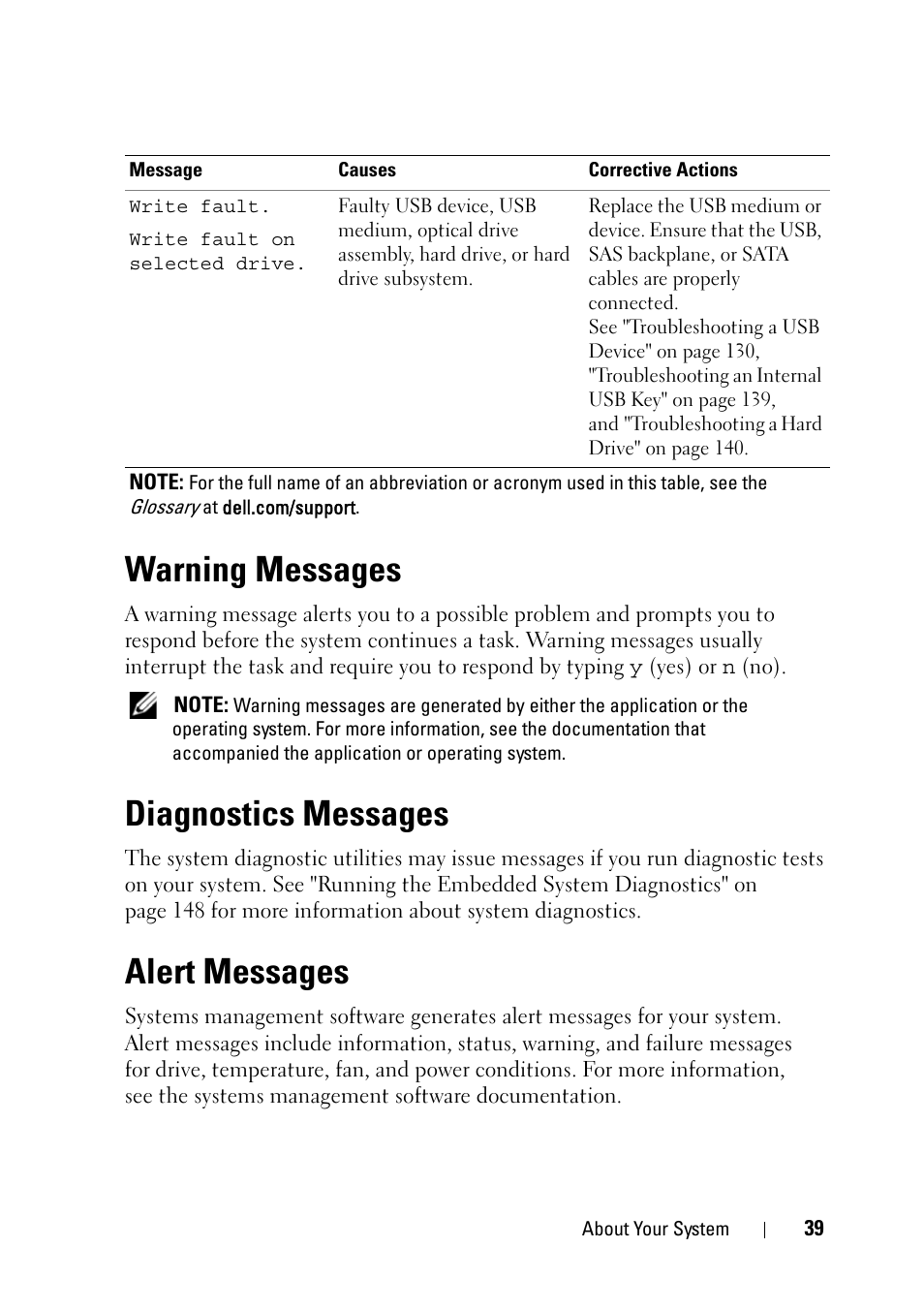 Warning messages, Diagnostics messages, Alert messages | Dell PowerVault NX3100 User Manual | Page 39 / 164