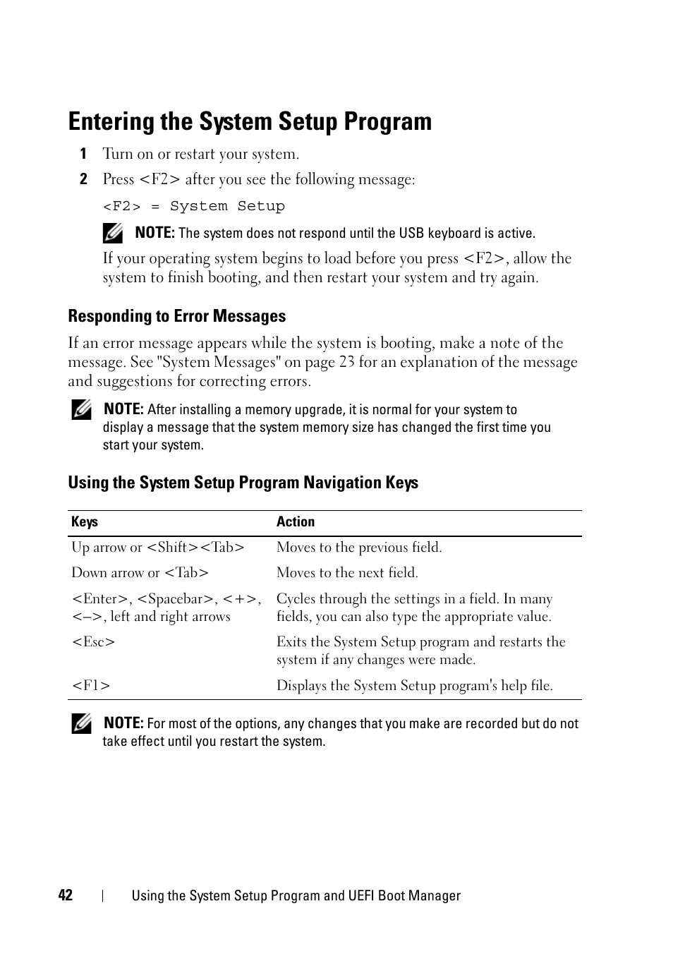 Entering the system setup program, Responding to error messages, Using the system setup program navigation keys | Using the system setup program, Navigation keys, Entering the system | Dell PowerVault NX3100 User Manual | Page 42 / 164