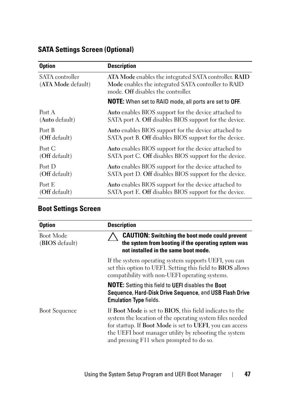 Sata settings screen (optional), Boot settings screen | Dell PowerVault NX3100 User Manual | Page 47 / 164