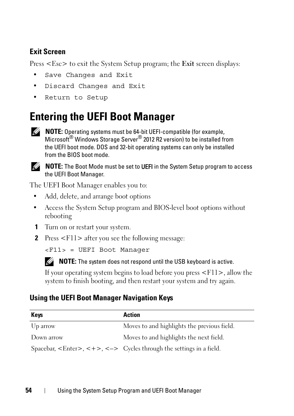 Exit screen, Entering the uefi boot manager, Using the uefi boot manager navigation keys | Using the uefi boot manager, Navigation keys | Dell PowerVault NX3100 User Manual | Page 54 / 164