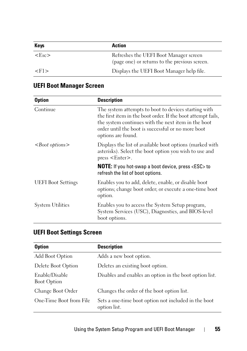 Uefi boot manager screen, Uefi boot settings screen, Uefi boot manager screen uefi boot settings screen | Dell PowerVault NX3100 User Manual | Page 55 / 164