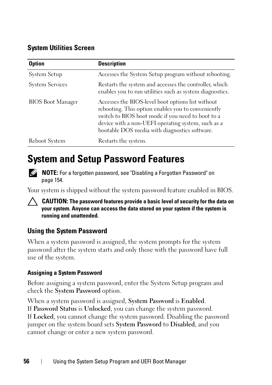 System utilities screen, System and setup password features, Using the system password | Dell PowerVault NX3100 User Manual | Page 56 / 164