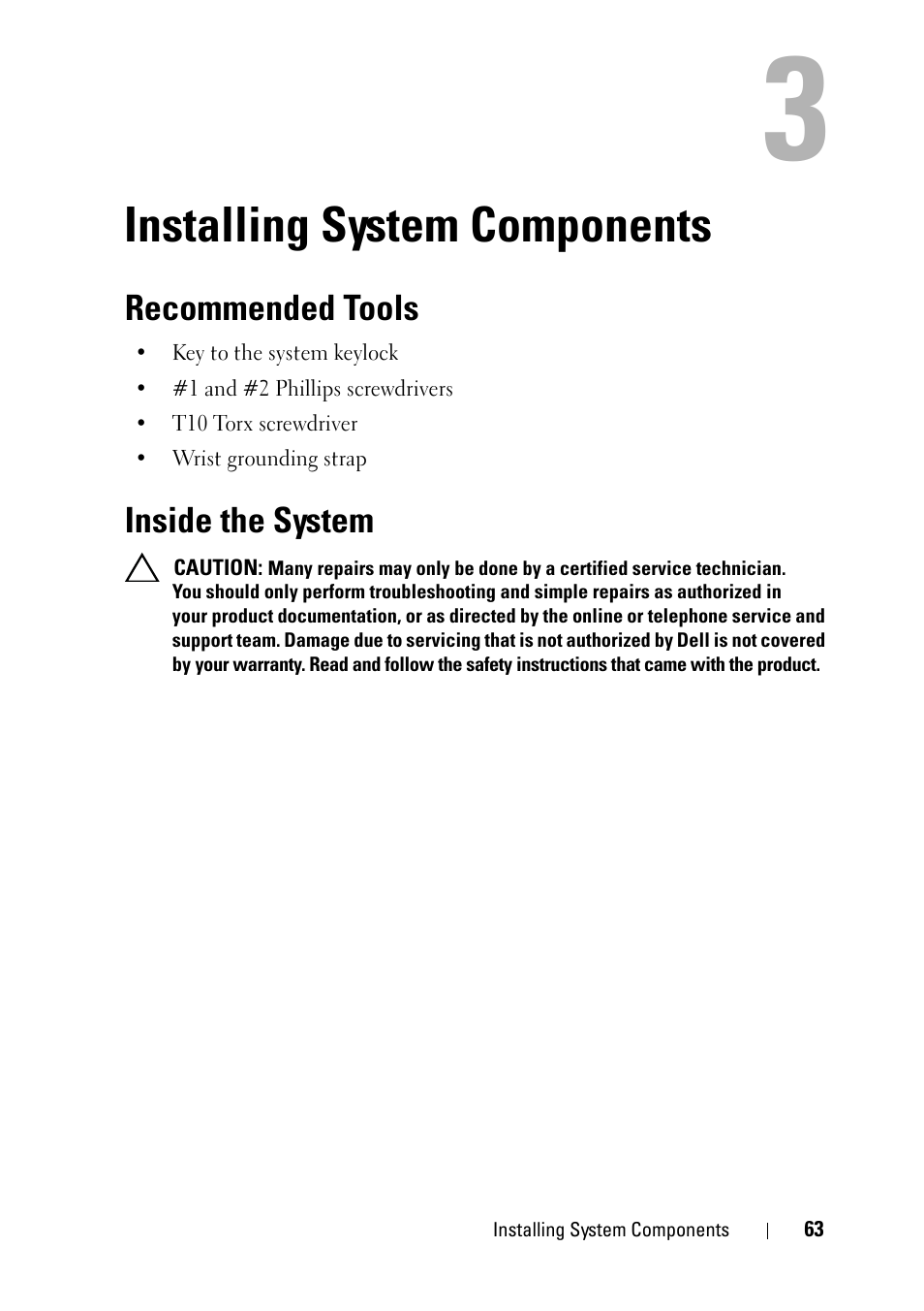 Installing system components, Recommended tools, Inside the system | Dell PowerVault NX3100 User Manual | Page 63 / 164