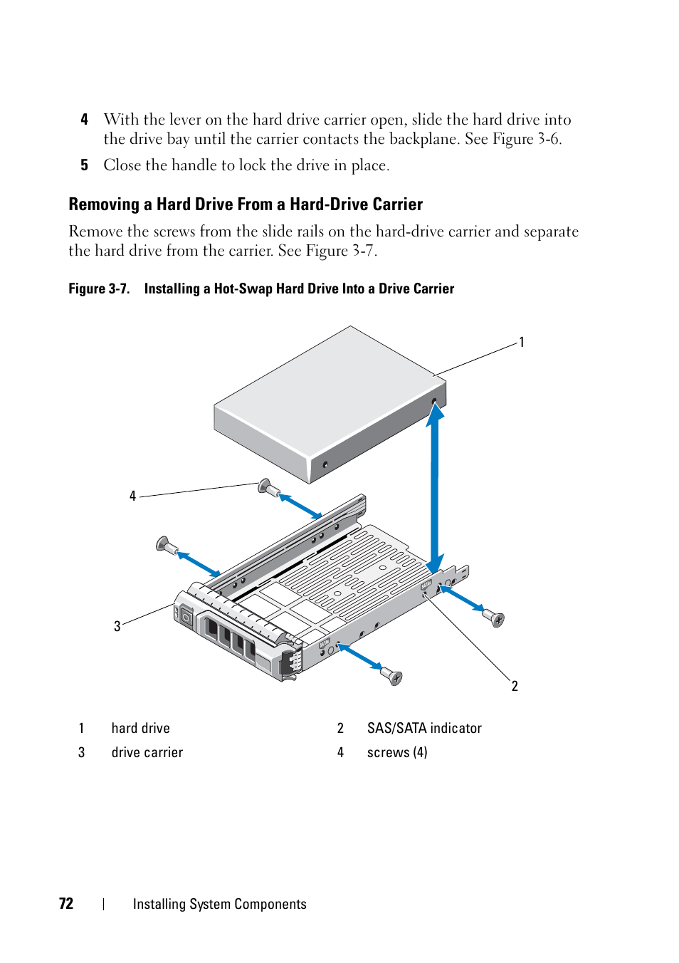 Removing a hard drive from a hard-drive carrier, Removing a hard drive from a, Hard-drive carrier | Dell PowerVault NX3100 User Manual | Page 72 / 164