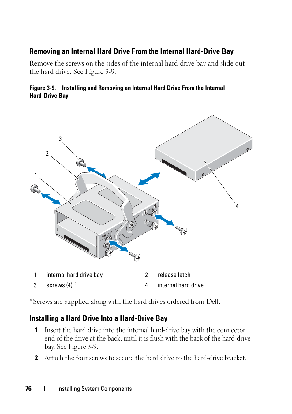 Installing a hard drive into a hard-drive bay, Removing an internal hard drive from the, Internal hard-drive bay | Dell PowerVault NX3100 User Manual | Page 76 / 164