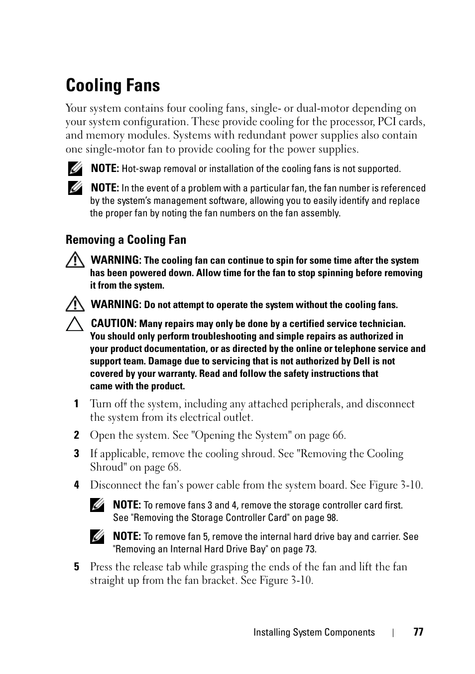 Cooling fans, Removing a cooling fan | Dell PowerVault NX3100 User Manual | Page 77 / 164