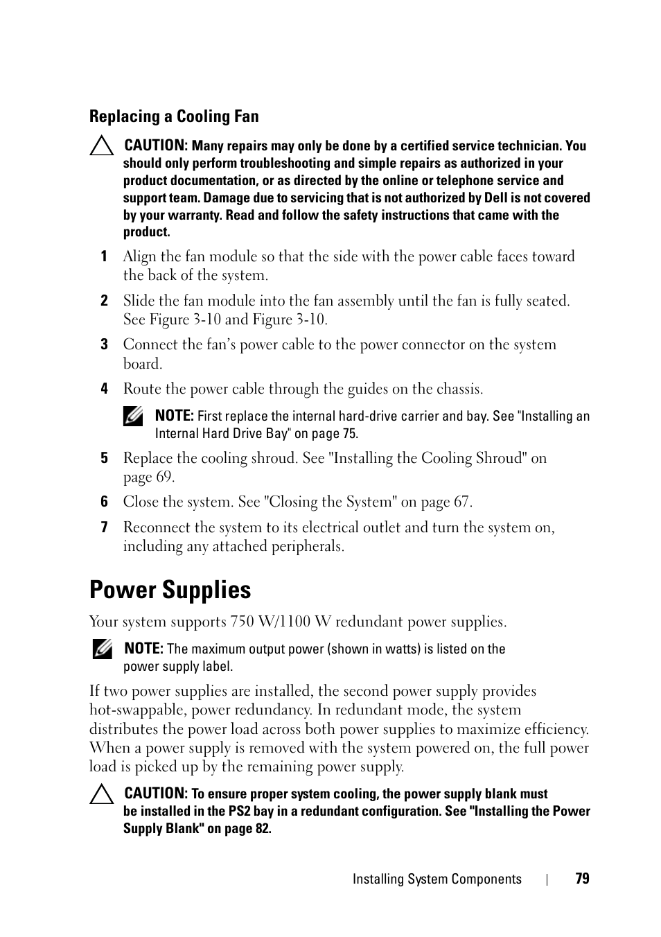 Replacing a cooling fan, Power supplies, Power supplies" on | E "power | Dell PowerVault NX3100 User Manual | Page 79 / 164