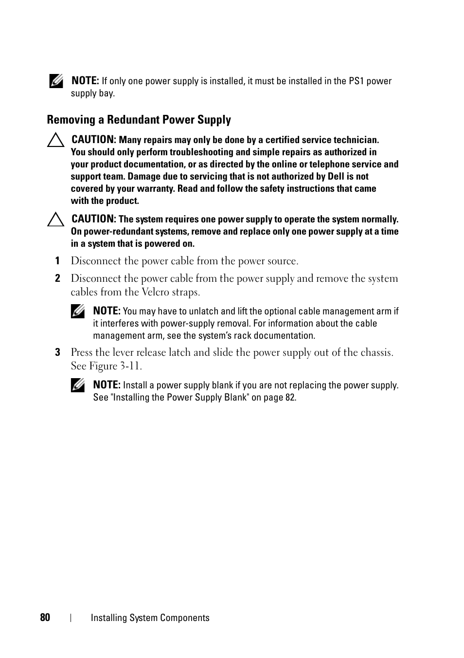 Removing a redundant power supply | Dell PowerVault NX3100 User Manual | Page 80 / 164