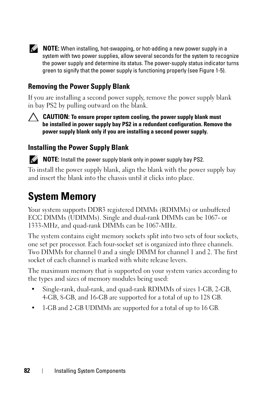 Removing the power supply blank, Installing the power supply blank, System memory | System, System memory" on, Aring mode. see "system, E "system, En. see "system | Dell PowerVault NX3100 User Manual | Page 82 / 164