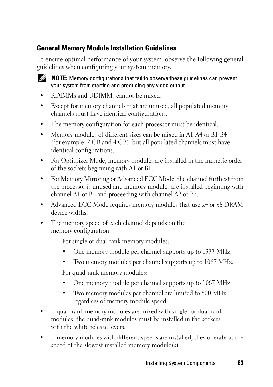 General memory module installation guidelines, General memory module, Installation guidelines | E "general memory, Module, Installation guidelines" on, See "general memory, General memory | Dell PowerVault NX3100 User Manual | Page 83 / 164