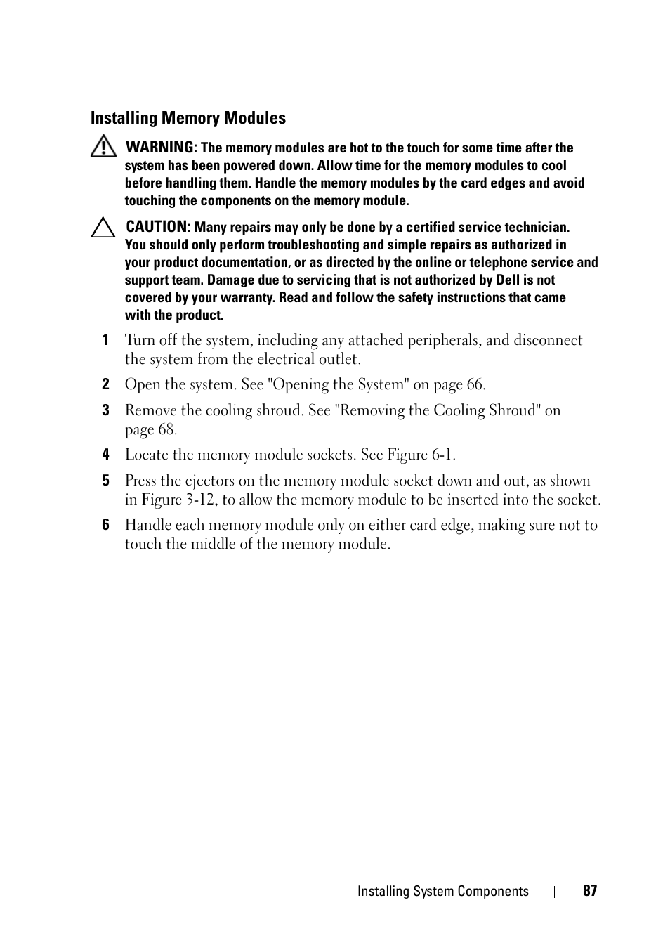 Installing memory modules | Dell PowerVault NX3100 User Manual | Page 87 / 164