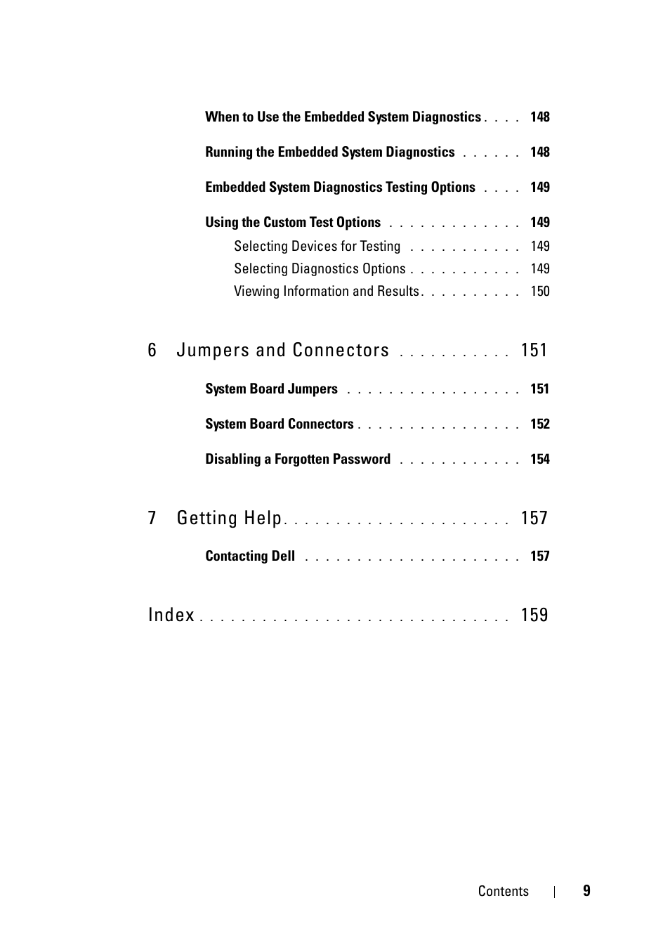 6 jumpers and connectors, 7 getting help, Index | Dell PowerVault NX3100 User Manual | Page 9 / 164