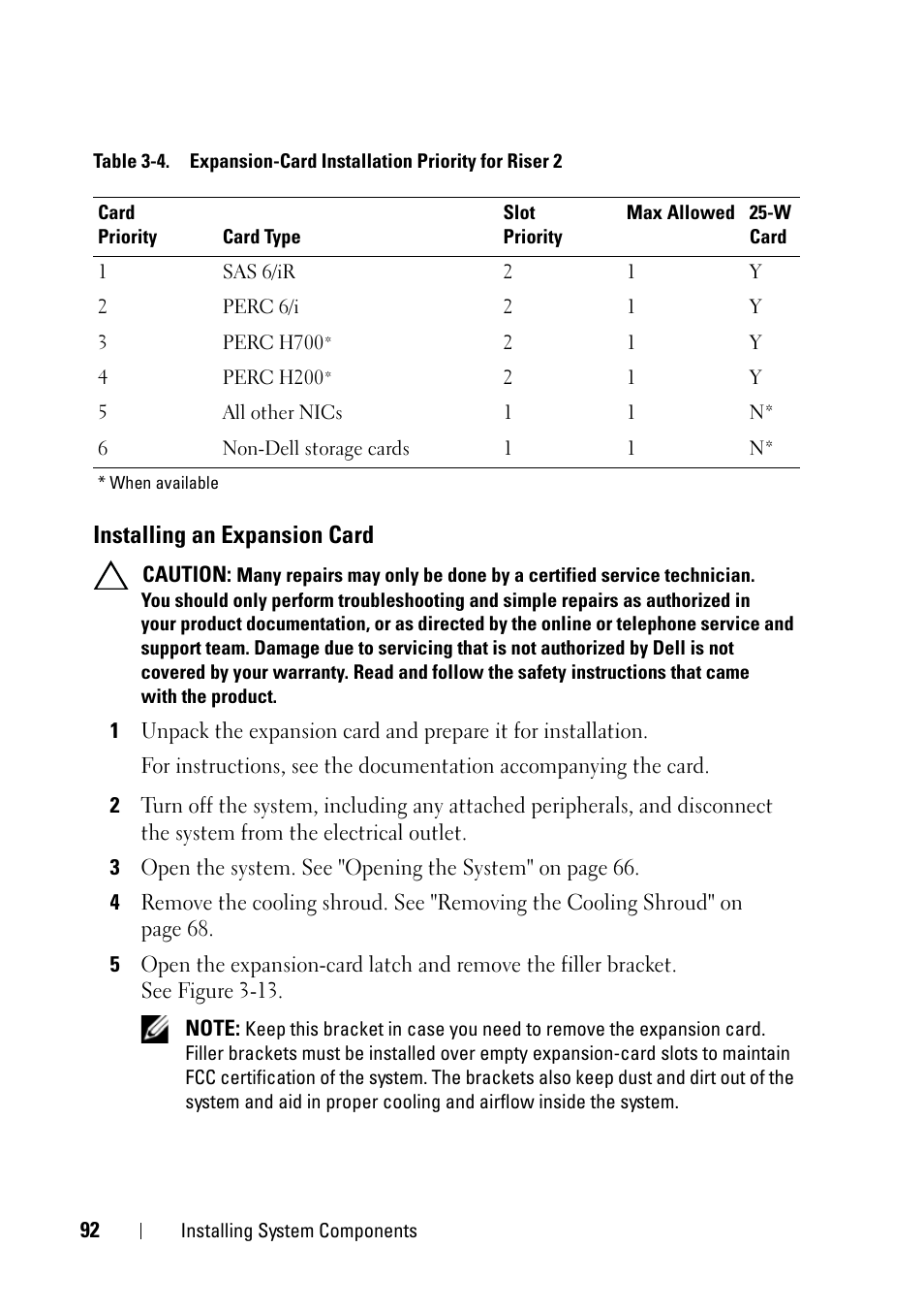 Installing an expansion card | Dell PowerVault NX3100 User Manual | Page 92 / 164