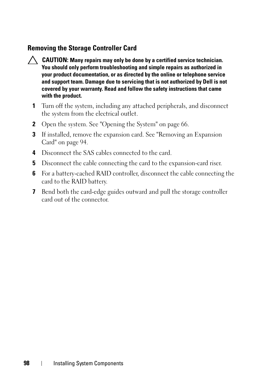 Removing the storage controller card, See "removing the storage | Dell PowerVault NX3100 User Manual | Page 98 / 164