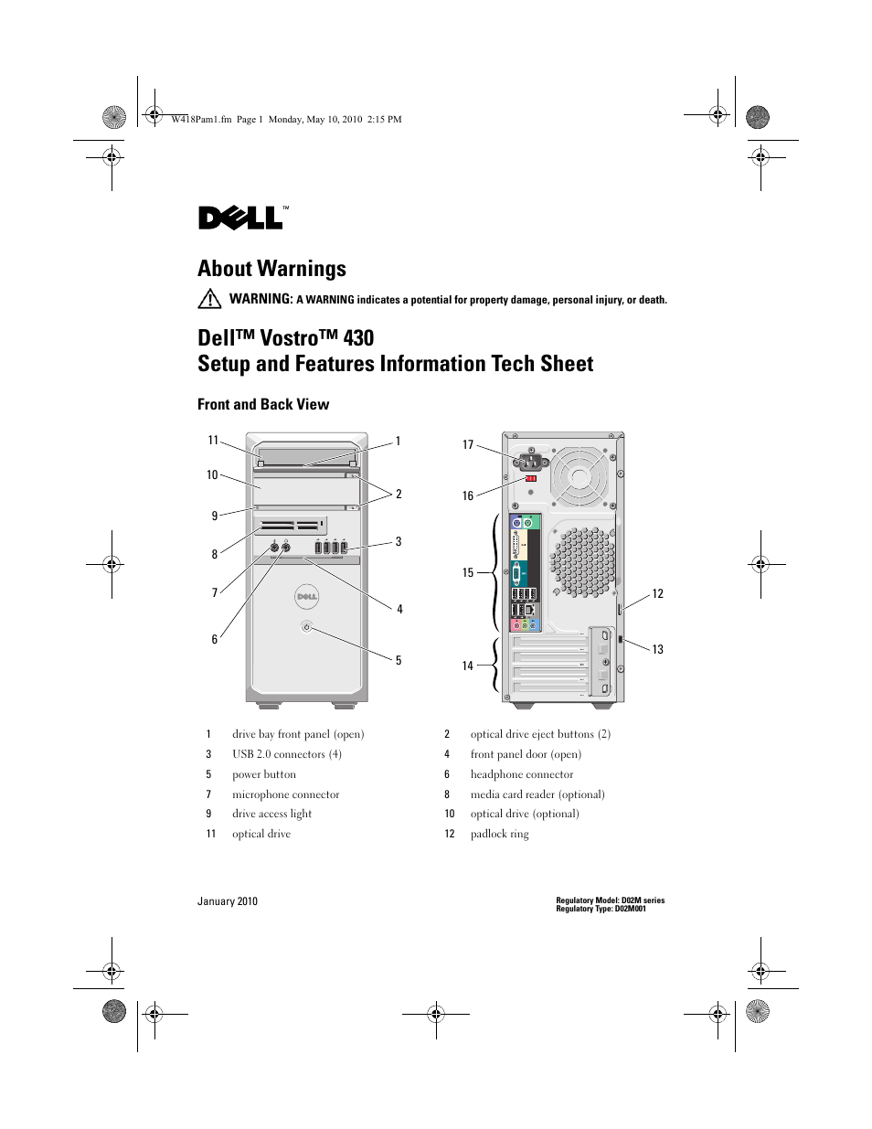 Dell Vostro 430 (Late 2009) User Manual | 8 pages