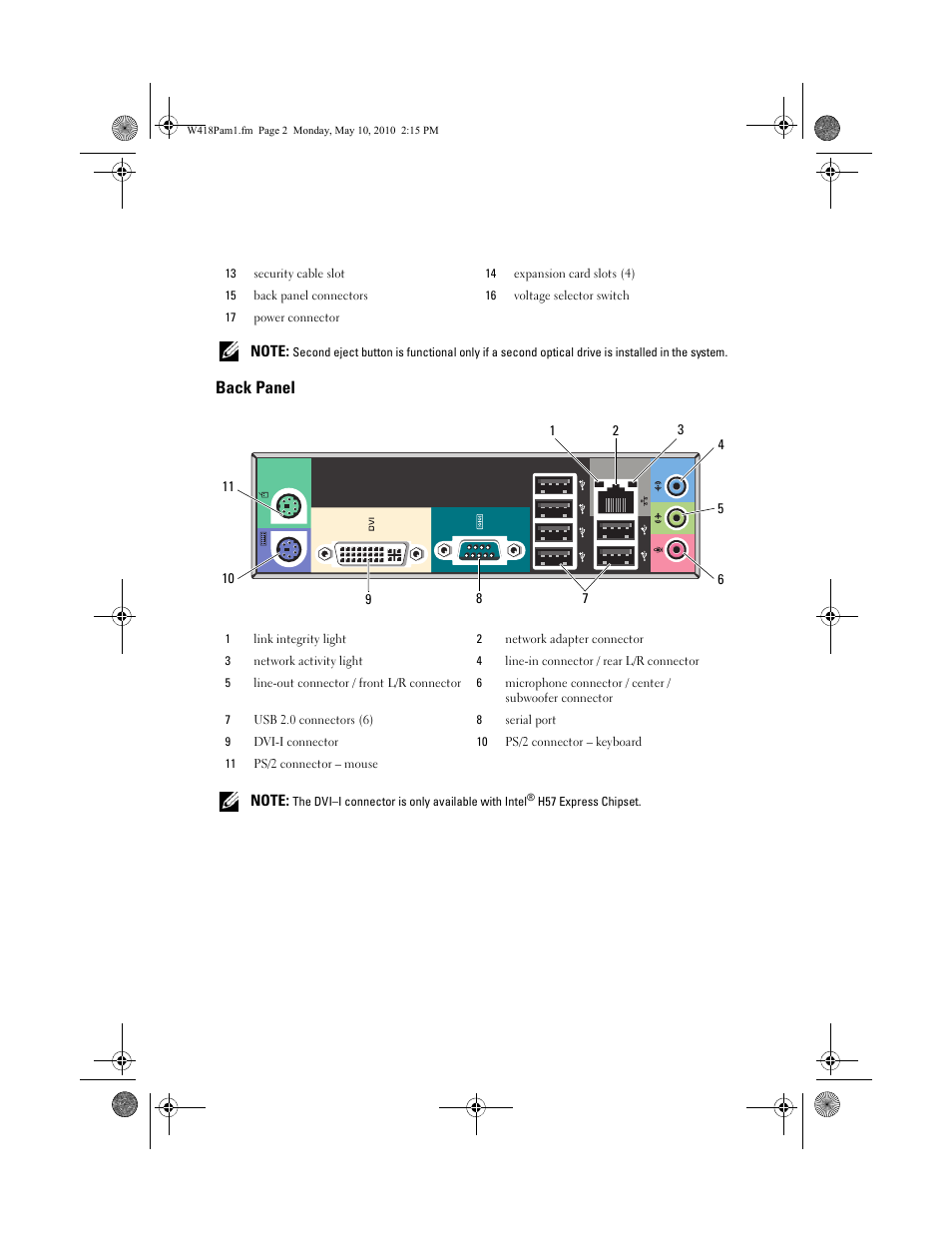 Back panel | Dell Vostro 430 (Late 2009) User Manual | Page 2 / 8