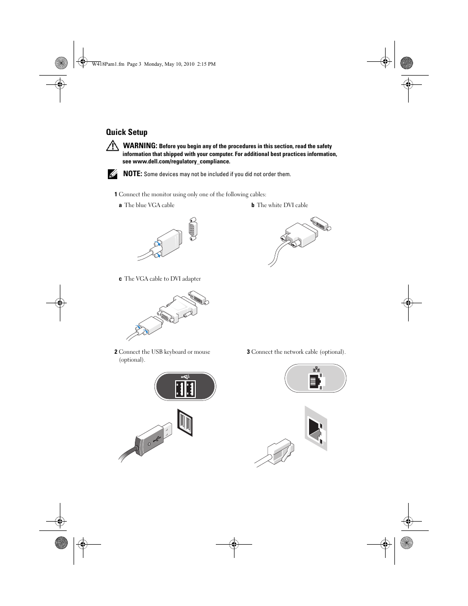 Quick setup | Dell Vostro 430 (Late 2009) User Manual | Page 3 / 8