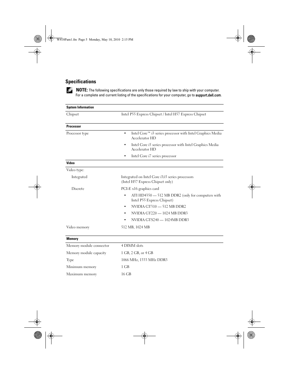 Specifications | Dell Vostro 430 (Late 2009) User Manual | Page 5 / 8